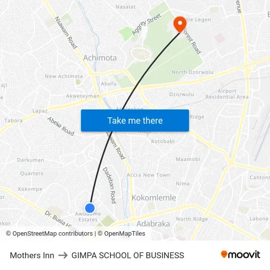 Mothers Inn to GIMPA SCHOOL OF BUSINESS map