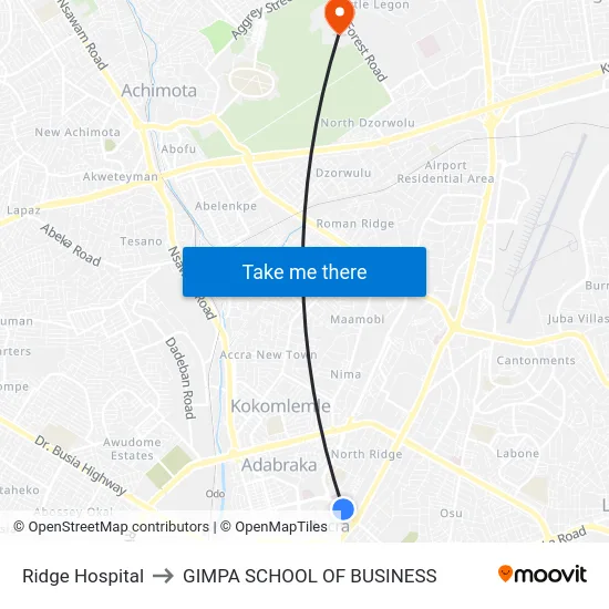 Ridge Hospital to GIMPA SCHOOL OF BUSINESS map