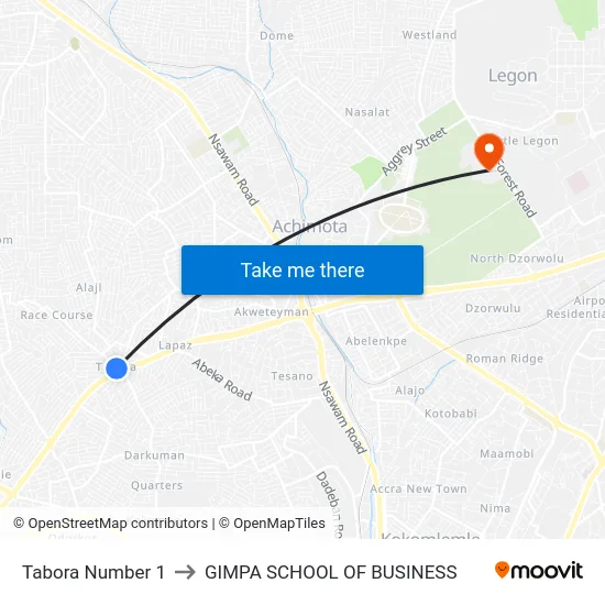 Tabora Number 1 to GIMPA SCHOOL OF BUSINESS map