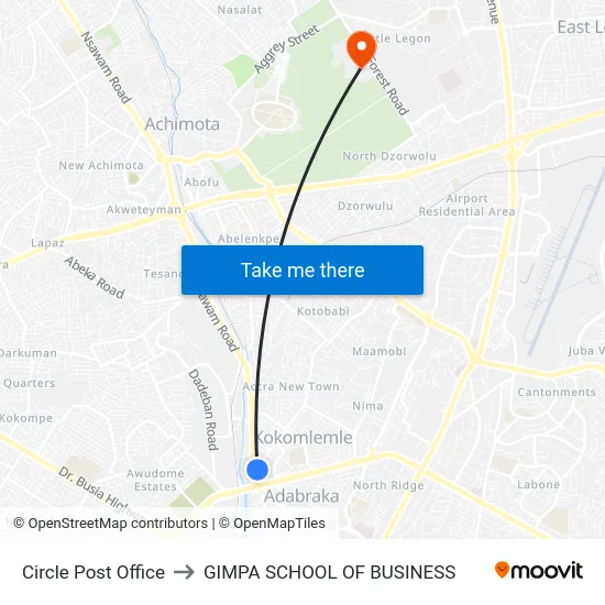 Circle Post Office to GIMPA SCHOOL OF BUSINESS map
