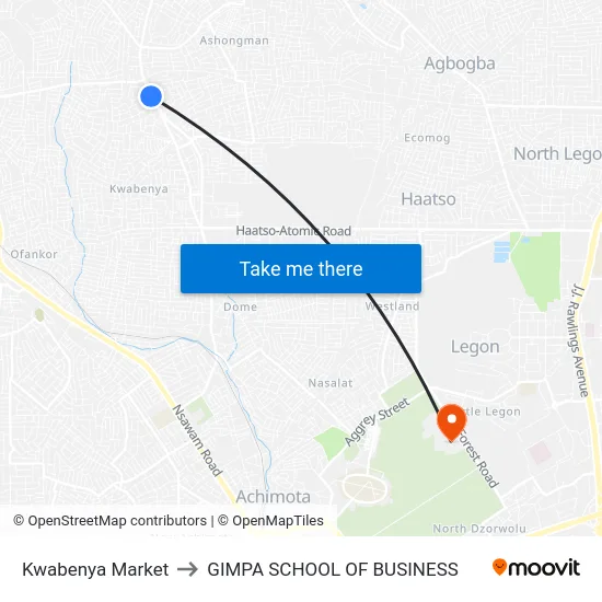 Kwabenya Market to GIMPA SCHOOL OF BUSINESS map