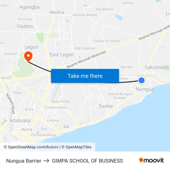 Nungua Barrier to GIMPA SCHOOL OF BUSINESS map