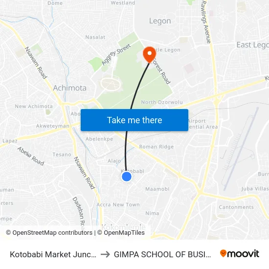 Kotobabi Market Junction to GIMPA SCHOOL OF BUSINESS map