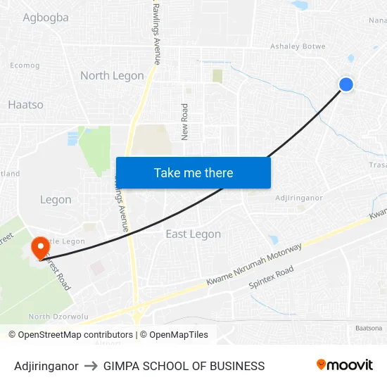Adjiringanor to GIMPA SCHOOL OF BUSINESS map