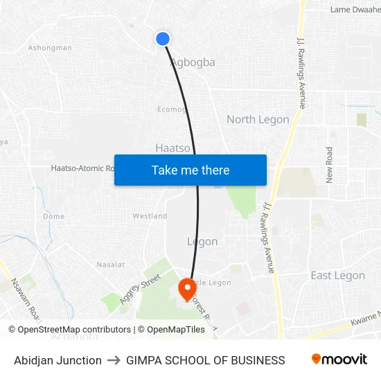 Abidjan Junction to GIMPA SCHOOL OF BUSINESS map