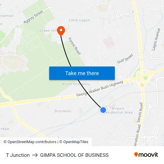 T Junction to GIMPA SCHOOL OF BUSINESS map