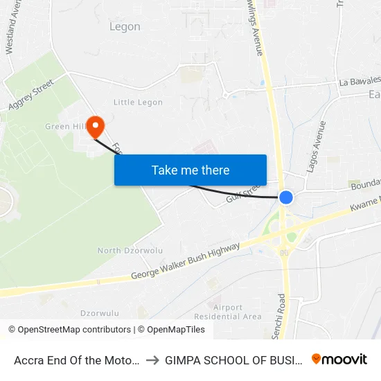 Accra End Of the Motorway to GIMPA SCHOOL OF BUSINESS map