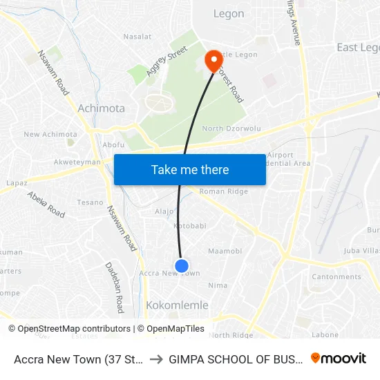 Accra New Town (37 Station) to GIMPA SCHOOL OF BUSINESS map