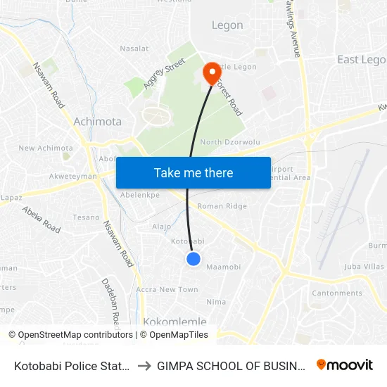 Kotobabi Police Station to GIMPA SCHOOL OF BUSINESS map