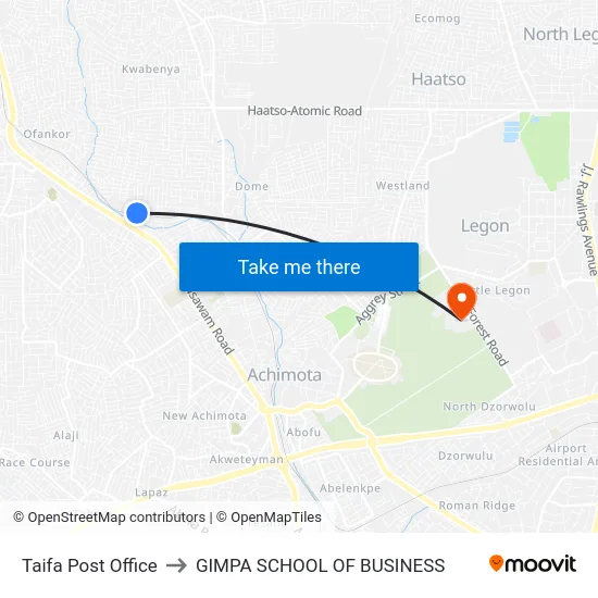 Taifa Post Office to GIMPA SCHOOL OF BUSINESS map