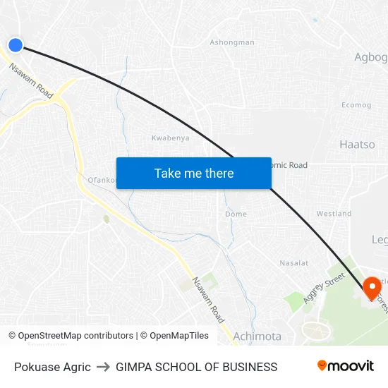 Pokuase Agric to GIMPA SCHOOL OF BUSINESS map
