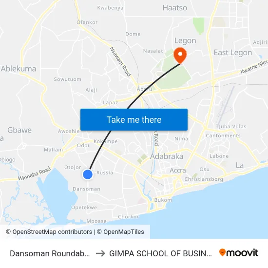 Dansoman Roundabout to GIMPA SCHOOL OF BUSINESS map