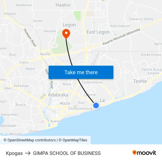 Kpogas to GIMPA SCHOOL OF BUSINESS map