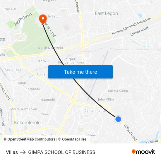 Villas to GIMPA SCHOOL OF BUSINESS map