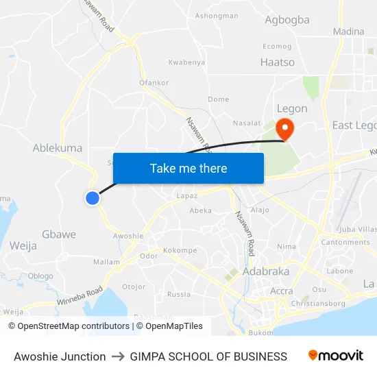 Awoshie Junction to GIMPA SCHOOL OF BUSINESS map