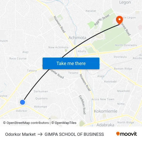 Odorkor Market to GIMPA SCHOOL OF BUSINESS map