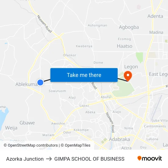 Azorka Junction to GIMPA SCHOOL OF BUSINESS map