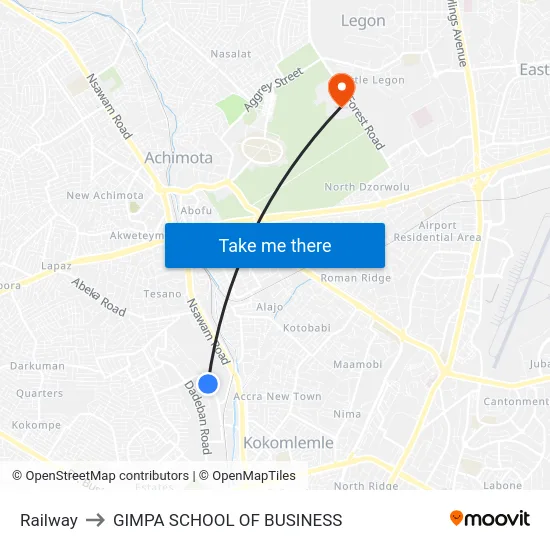 Railway to GIMPA SCHOOL OF BUSINESS map