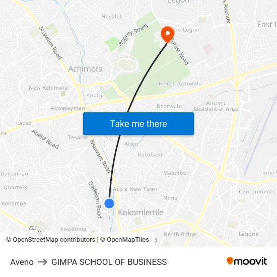Aveno to GIMPA SCHOOL OF BUSINESS map