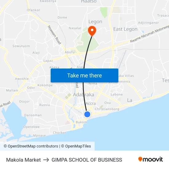 Makola Market to GIMPA SCHOOL OF BUSINESS map