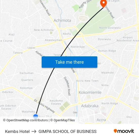 Kembs Hotel to GIMPA SCHOOL OF BUSINESS map