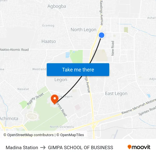 Madina Station to GIMPA SCHOOL OF BUSINESS map