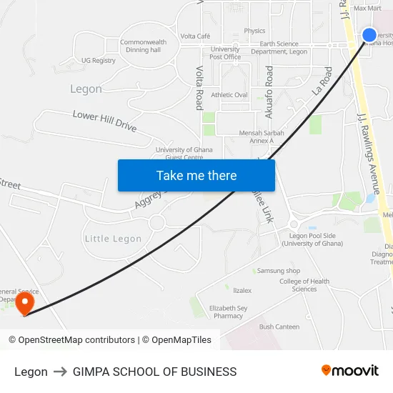 Legon to GIMPA SCHOOL OF BUSINESS map