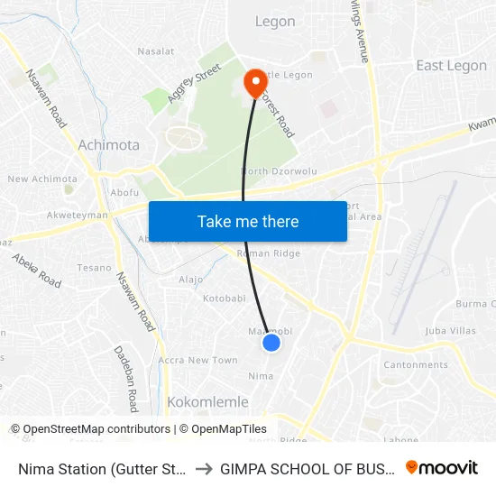 Nima Station (Gutter Station) to GIMPA SCHOOL OF BUSINESS map