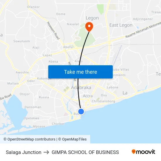 Salaga Junction to GIMPA SCHOOL OF BUSINESS map