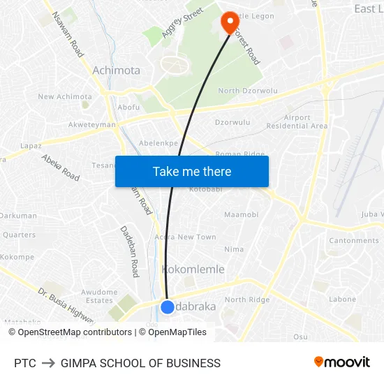 PTC to GIMPA SCHOOL OF BUSINESS map