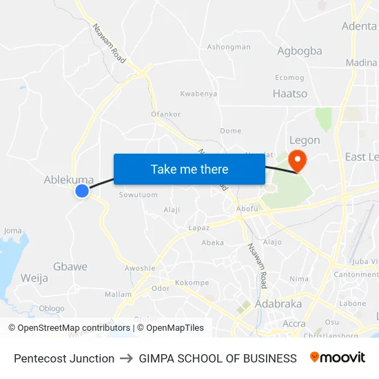 Pentecost Junction to GIMPA SCHOOL OF BUSINESS map