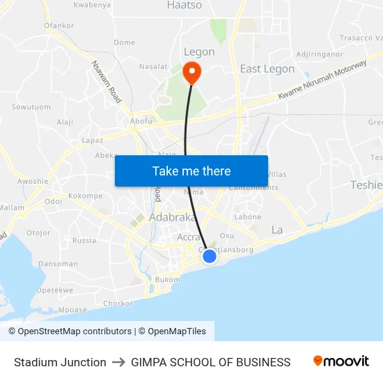Stadium Junction to GIMPA SCHOOL OF BUSINESS map