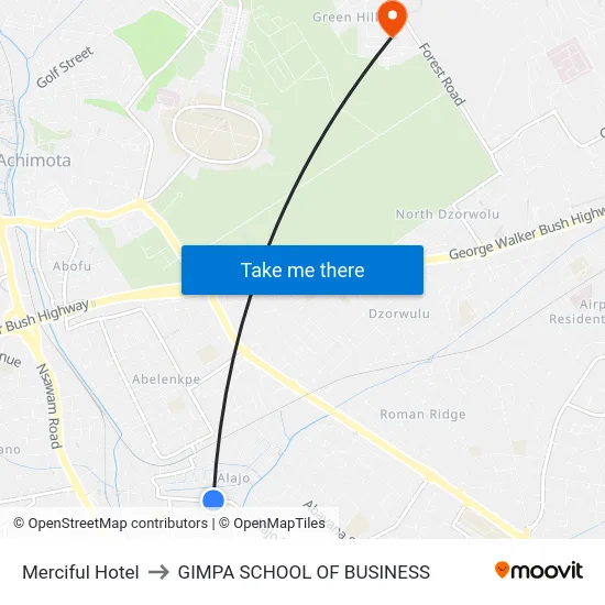 Merciful Hotel to GIMPA SCHOOL OF BUSINESS map