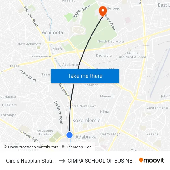 Circle Neoplan Station to GIMPA SCHOOL OF BUSINESS map