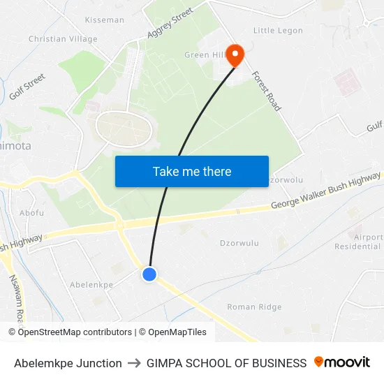 Abelemkpe Junction to GIMPA SCHOOL OF BUSINESS map