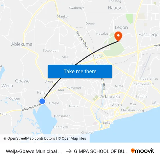 Weija-Gbawe Municipal Hospital to GIMPA SCHOOL OF BUSINESS map