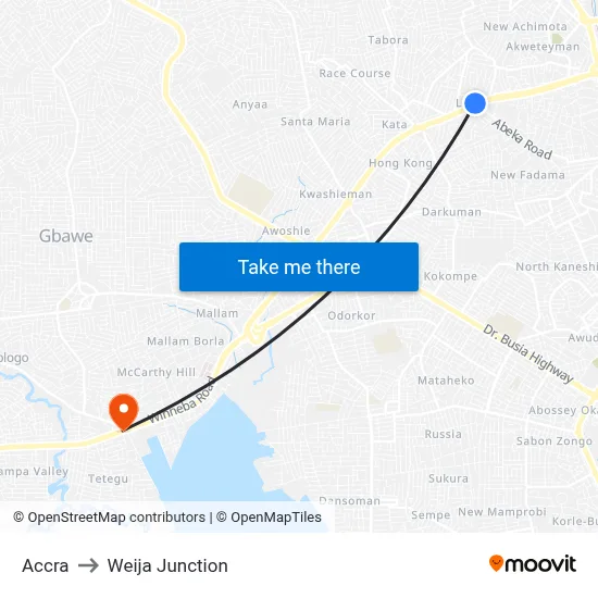 Accra to Weija Junction map