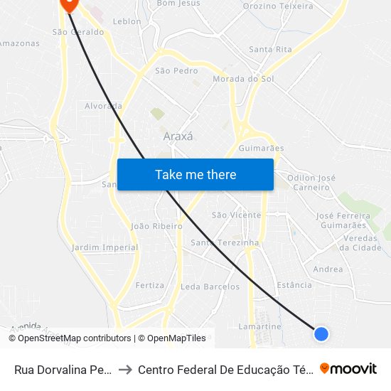 Rua Dorvalina Pereira De Melo, 60 to Centro Federal De Educação Técnica - Cefet - Campus Araxá map