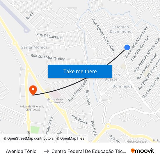 Avenida Tônico Alonso, 125 to Centro Federal De Educação Técnica - Cefet - Campus Araxá map