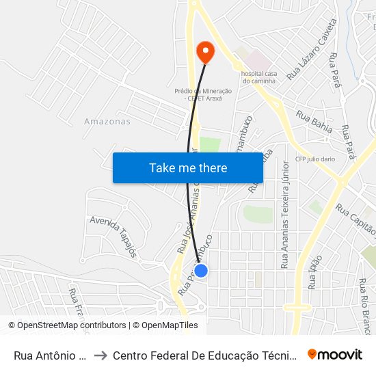 Rua Antônio Dimas, 975 to Centro Federal De Educação Técnica - Cefet - Campus Araxá map