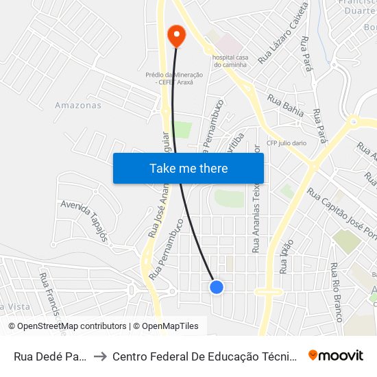 Rua Dedé Palhares, 110 to Centro Federal De Educação Técnica - Cefet - Campus Araxá map