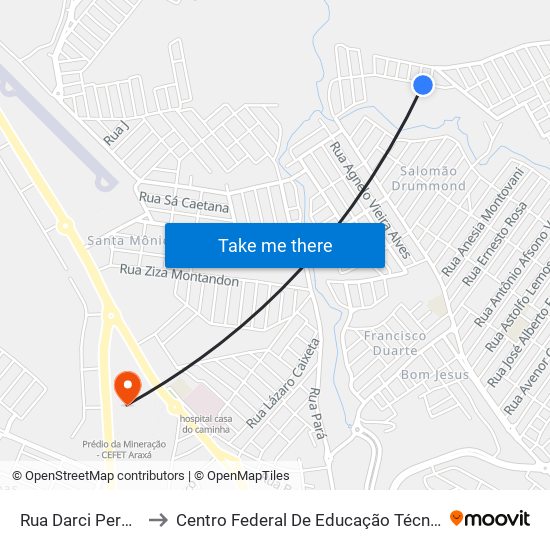 Rua Darci Pereira Silva, 400 to Centro Federal De Educação Técnica - Cefet - Campus Araxá map