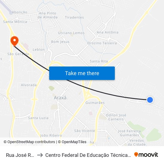 Rua José Ribeiro, Sn to Centro Federal De Educação Técnica - Cefet - Campus Araxá map