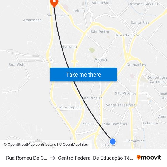 Rua Romeu De Castro Alves, 465 to Centro Federal De Educação Técnica - Cefet - Campus Araxá map