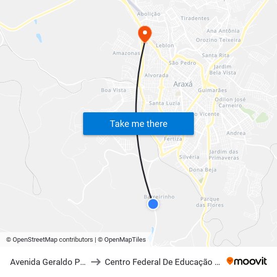 Avenida Geraldo Porfírio Botelho, 2524 to Centro Federal De Educação Técnica - Cefet - Campus Araxá map