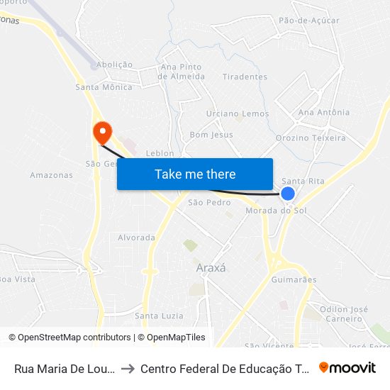 Rua Maria De Lourdes Moreira, 445 to Centro Federal De Educação Técnica - Cefet - Campus Araxá map