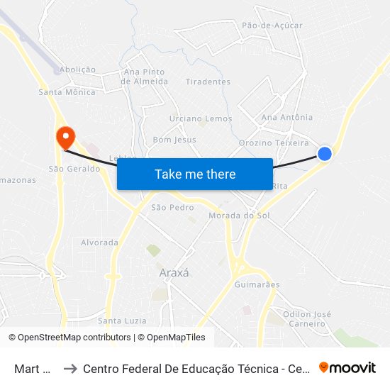 Mart Minas to Centro Federal De Educação Técnica - Cefet - Campus Araxá map