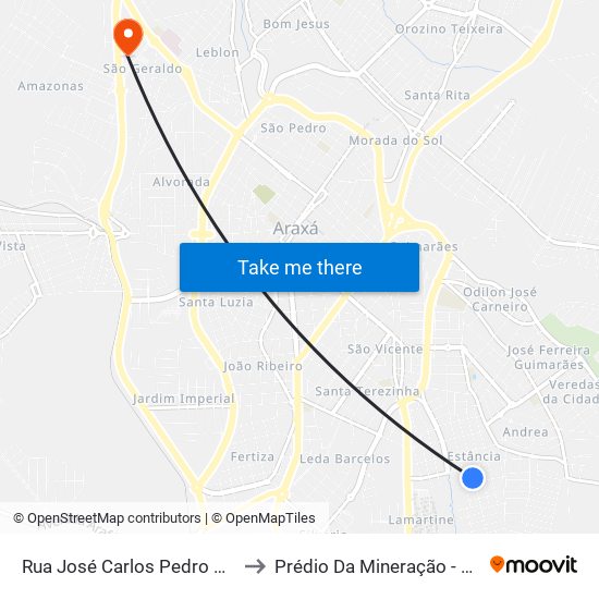 Rua José Carlos Pedro Grande, 442 to Prédio Da Mineração - Cefet Araxá map