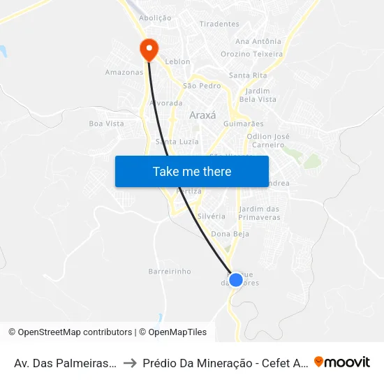 Av. Das Palmeiras, 70 to Prédio Da Mineração - Cefet Araxá map