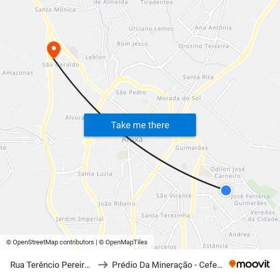 Rua Terêncio Pereira, 657 to Prédio Da Mineração - Cefet Araxá map